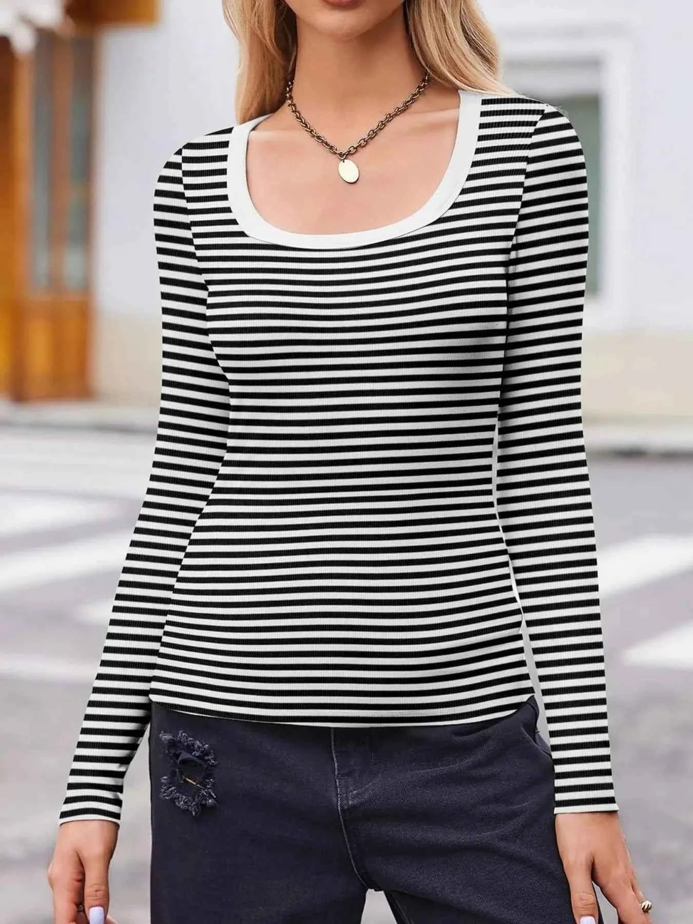 Striped Long Sleeve Scoop Neck T-Shirt