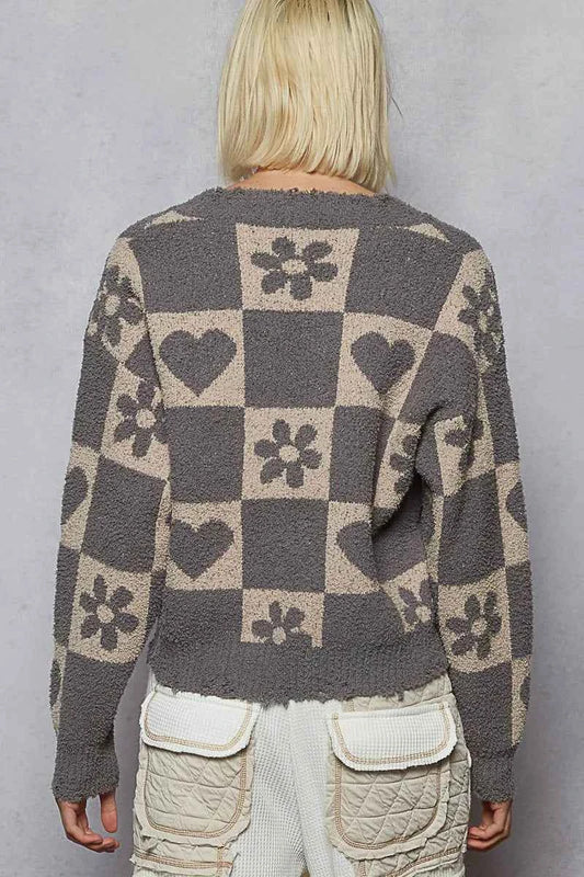 POL V-Neck Heart Pattern Checkered Sweater