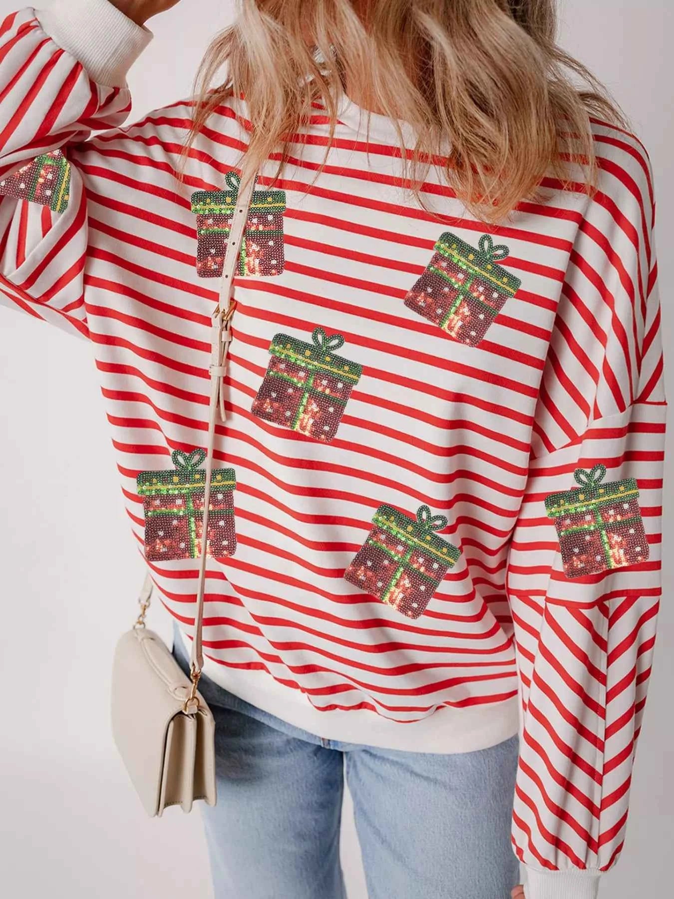 Stripe Sequin Christmas Gift Patched Drop Shoulder Sweatshirt