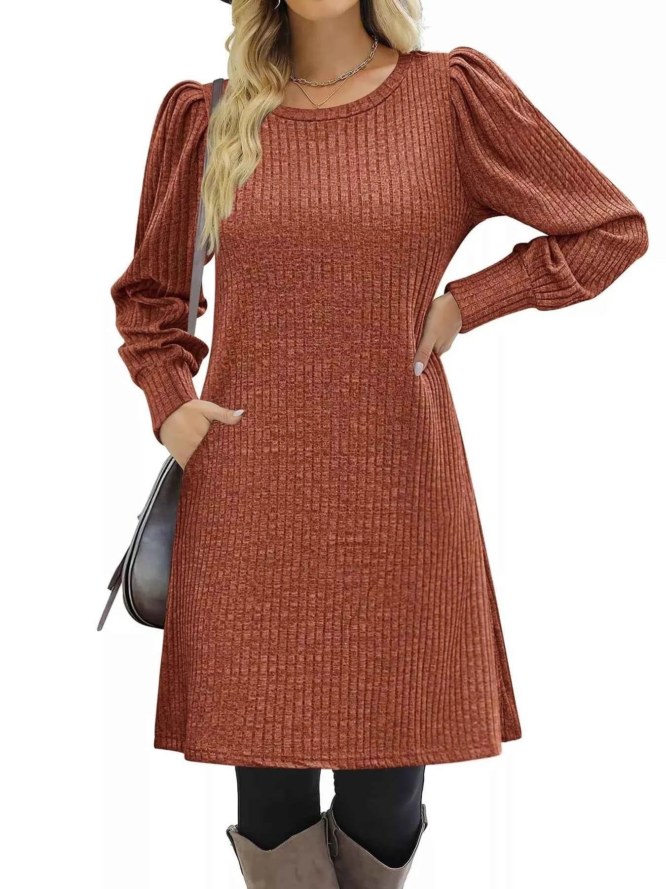 Ribbed Knit Puff Sleeve Casual Mini Dress