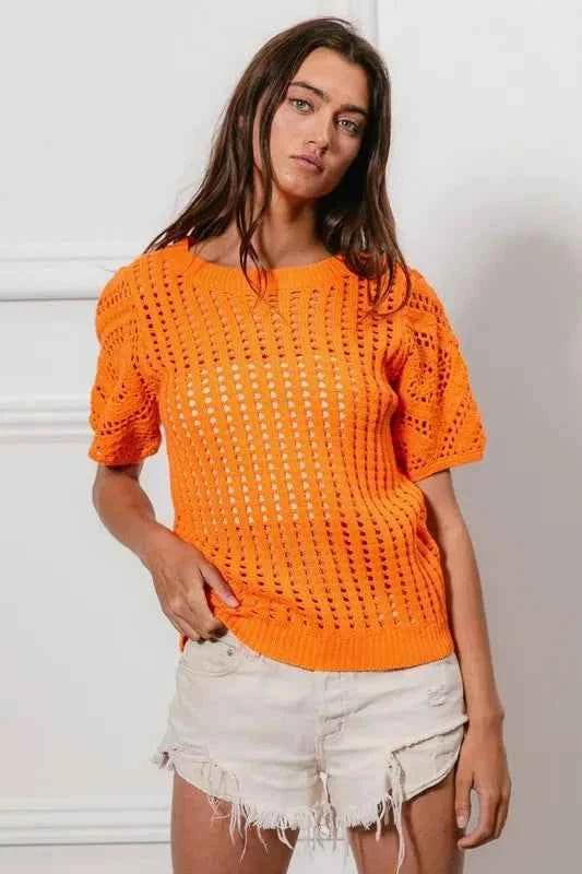 BiBi Crochet Knit Cover Up With Puff Sleeves