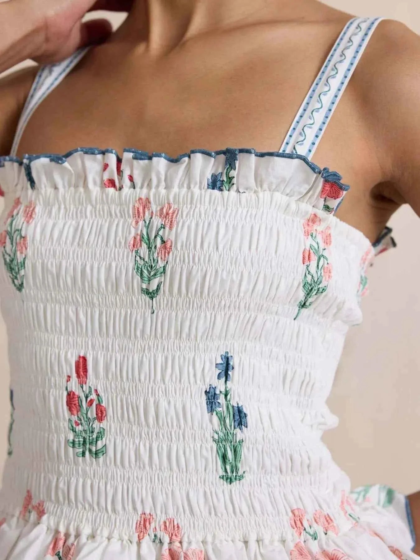 Bohemian Floral Print Smocked Tiered Maxi Dress