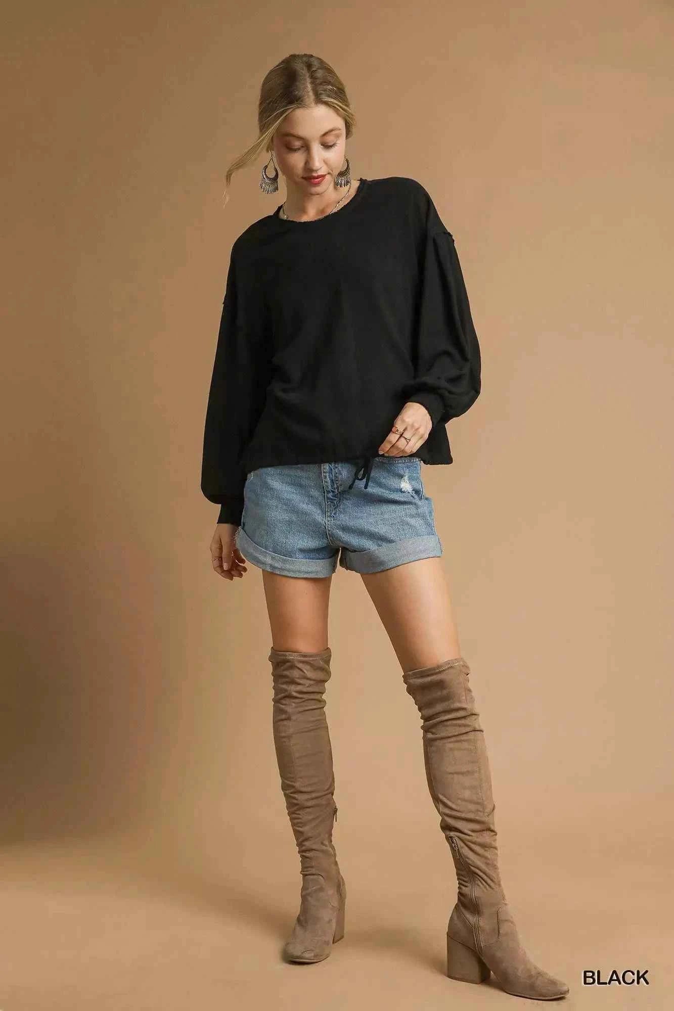 Umgee Full Size Linen Long Sleeve Top with Drawstring Plus Size
