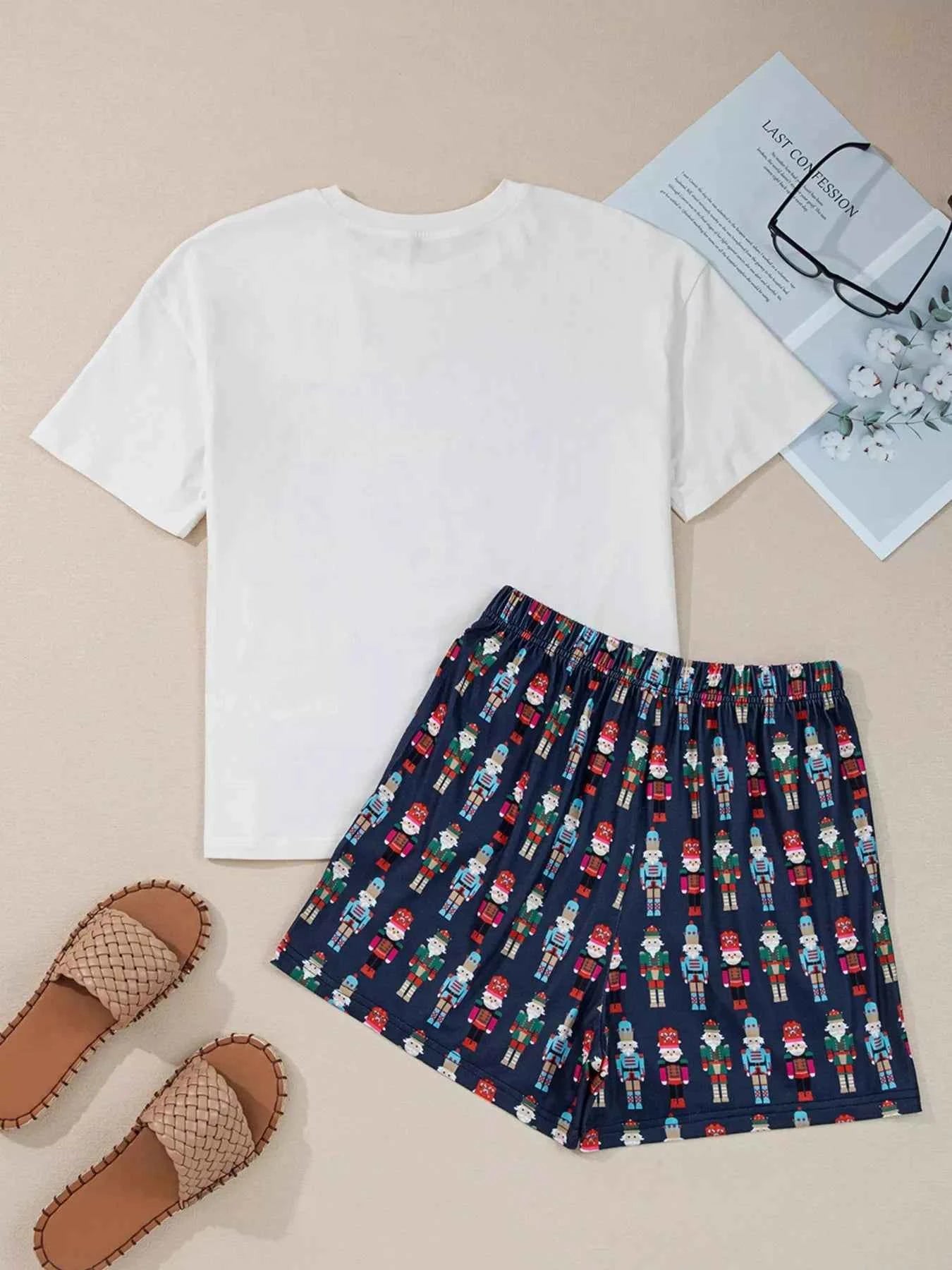 Mama Claus Plaid Letter Tee and Nutcracker Shorts 2pcs Lounge Set