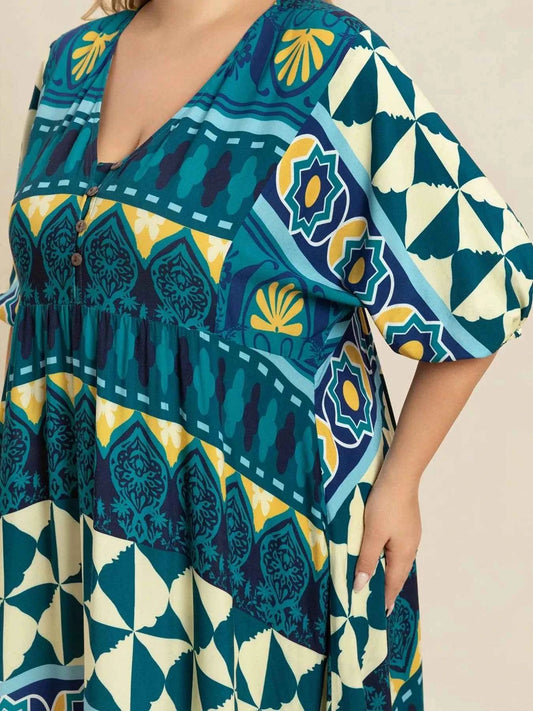 Plus Size Printed V-Neck Half Sleeve Midi Dress
