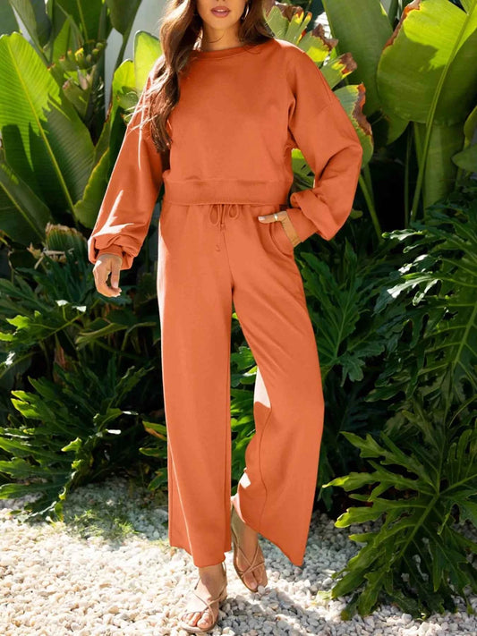 Round Neck Long Sleeve Top and Pants Set