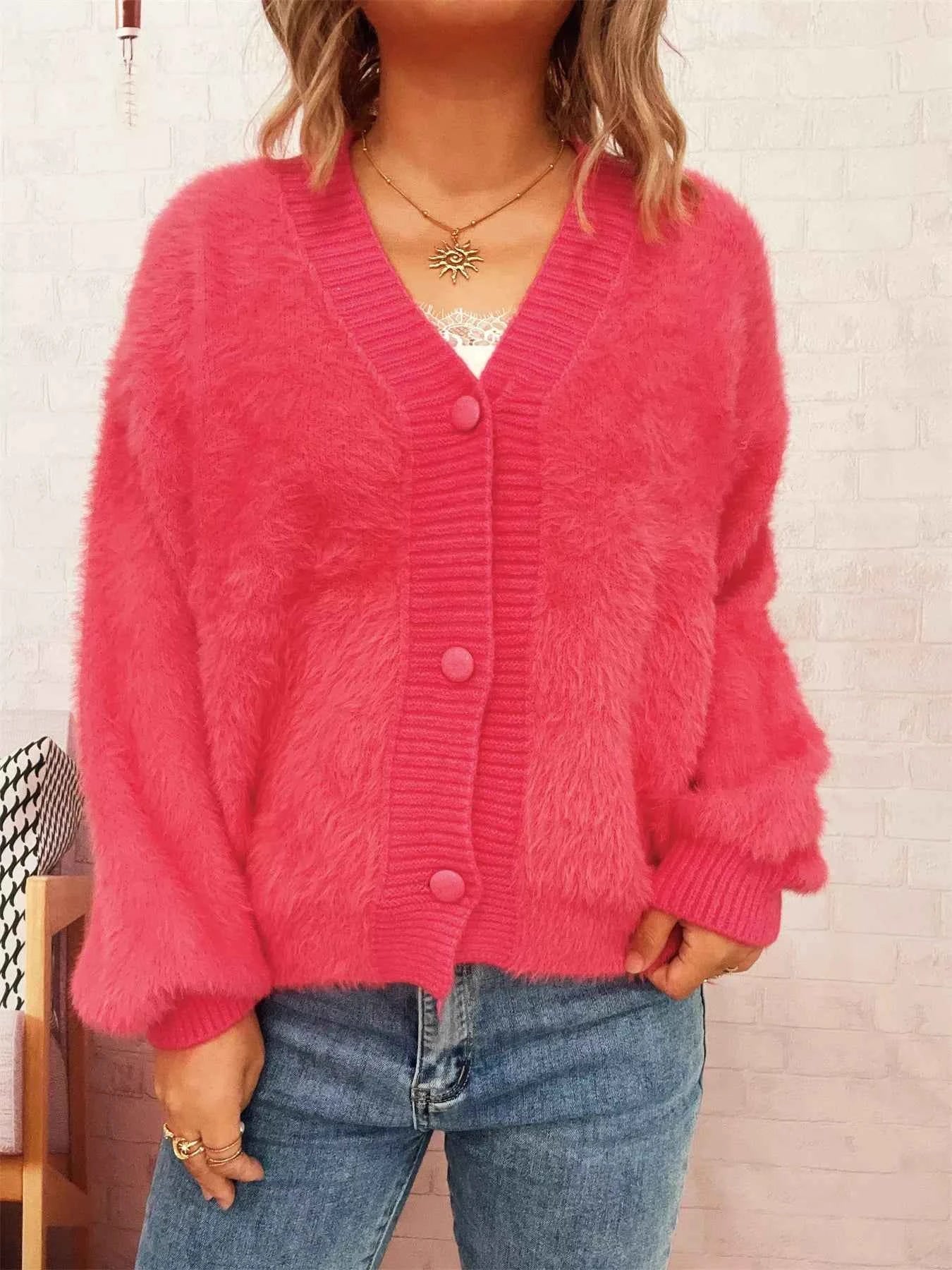 Fuzzy Button-Up Long Sleeve Cardigan
