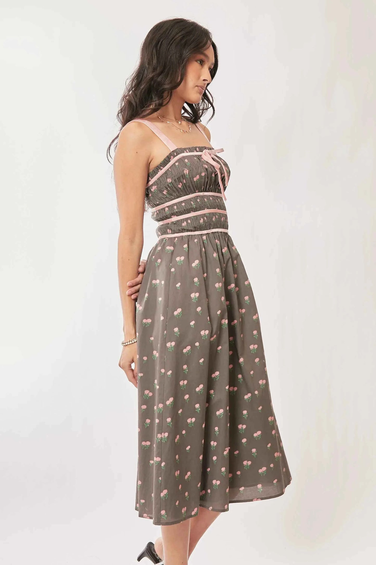Davi & Dani Contrast Velvet Tape Smocking Bodice Midi Dress