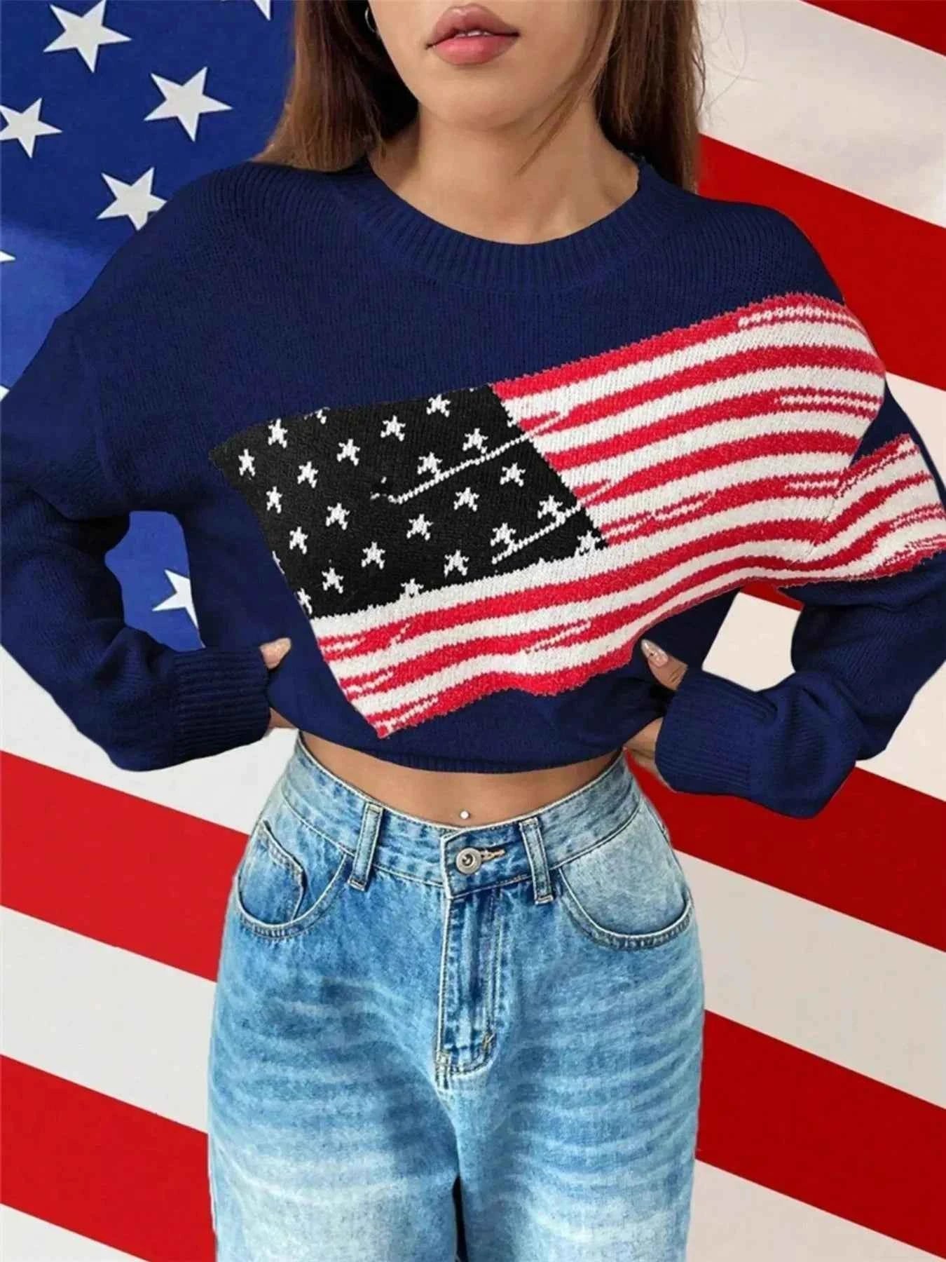 US Flag Round Neck Long Sleeve Sweater