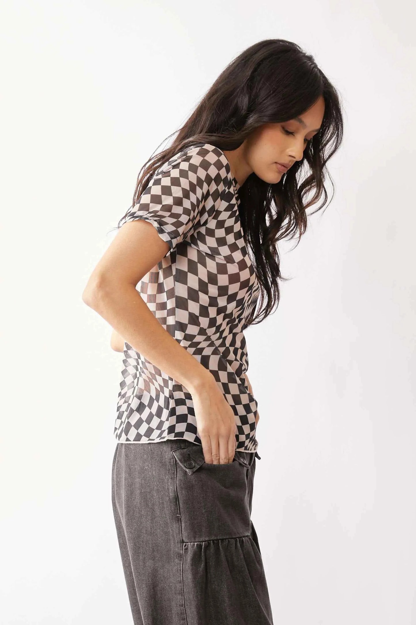 Davi & Dani Checker Board Printed Mesh Short Sleeve Top