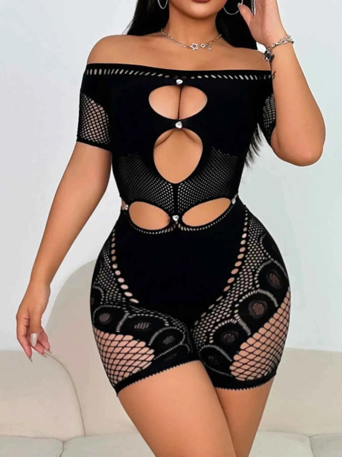 Cutout Off Shoulder Fishing Net Romper