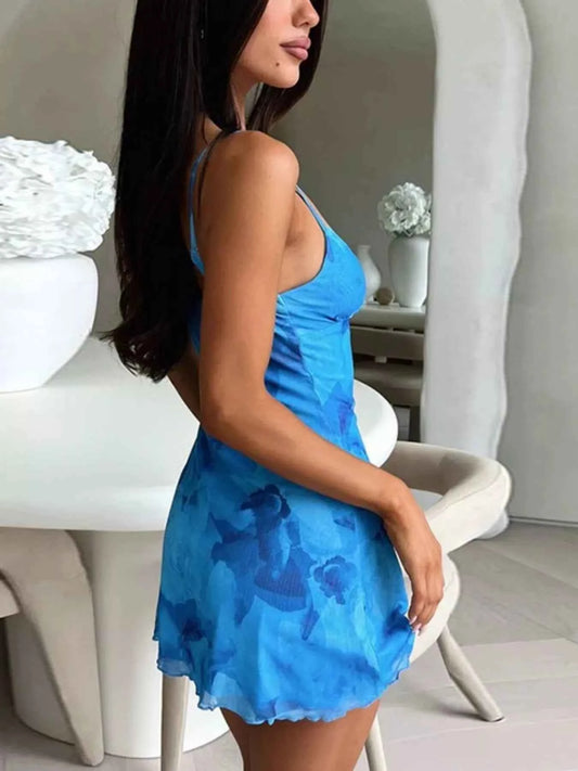 Floral Print Spaghetti Strap Mesh Mini Dress