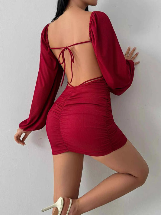Backless Square Neck Long Sleeve Dress