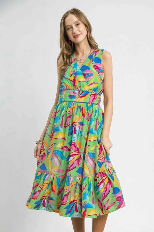 Umgee Ruffled Hem Printed Sleeveless Midi Dress