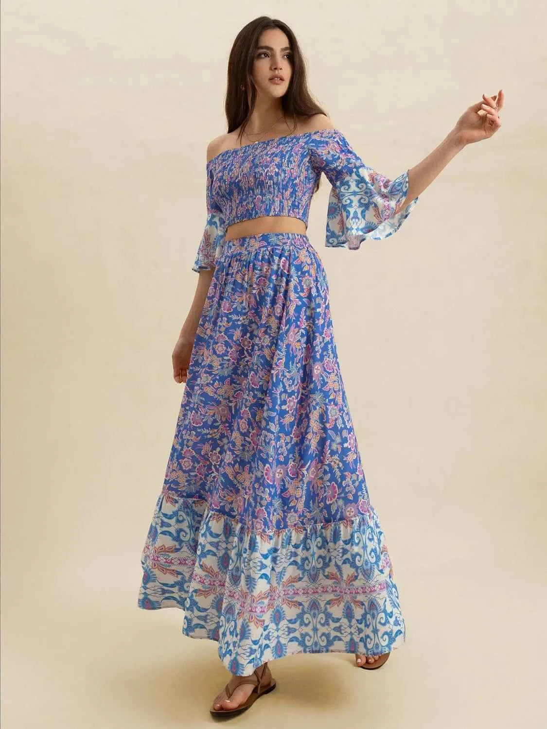 Smocked Off-Shoulder Printed Top and Skirt Set