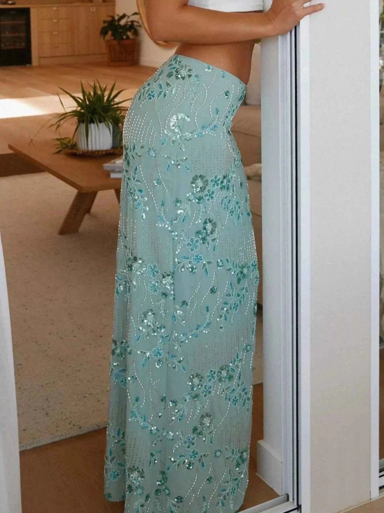 Embroidered Sequin Maxi Skirt