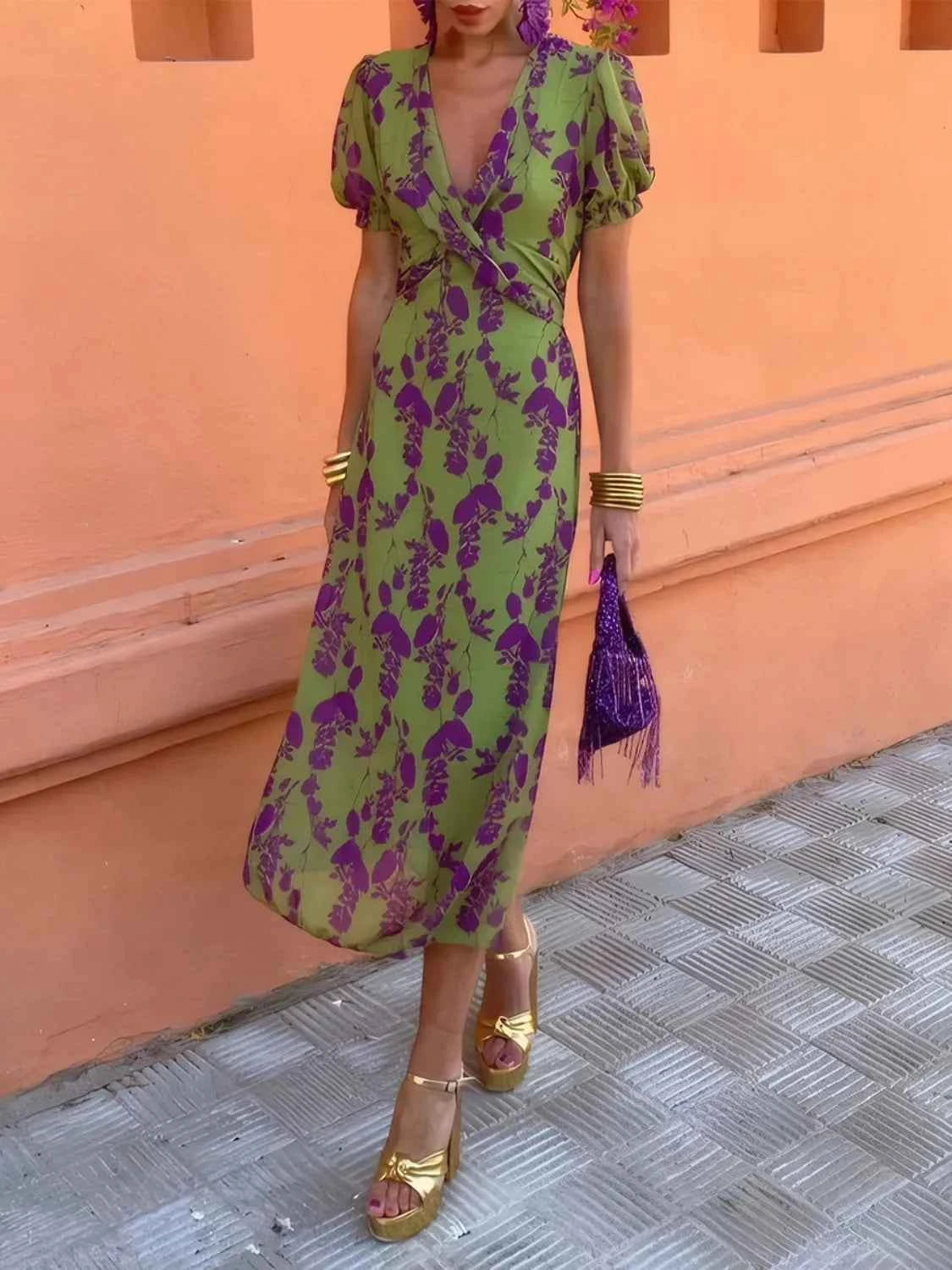 Printed Plunge Short Sleeve Midi Dress