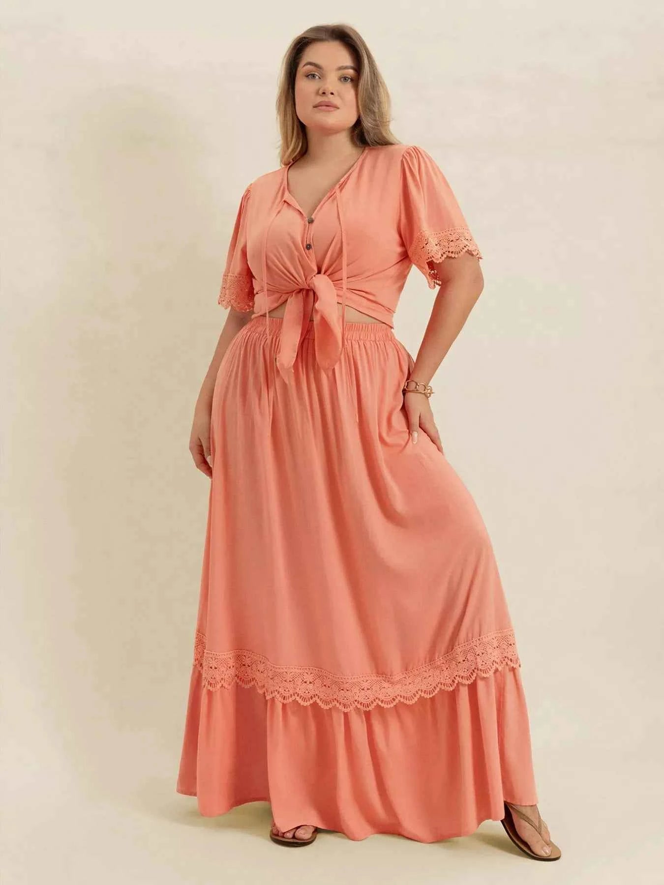 Plus Size Lace Detail Tie Neck Top and Skirt Set