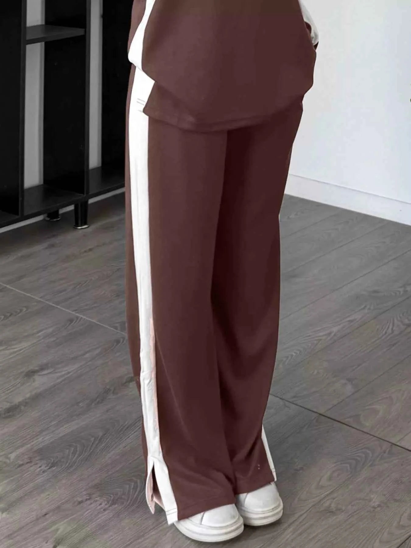 Full Size Contrast Round Neck Top and Pants Set Plus Size