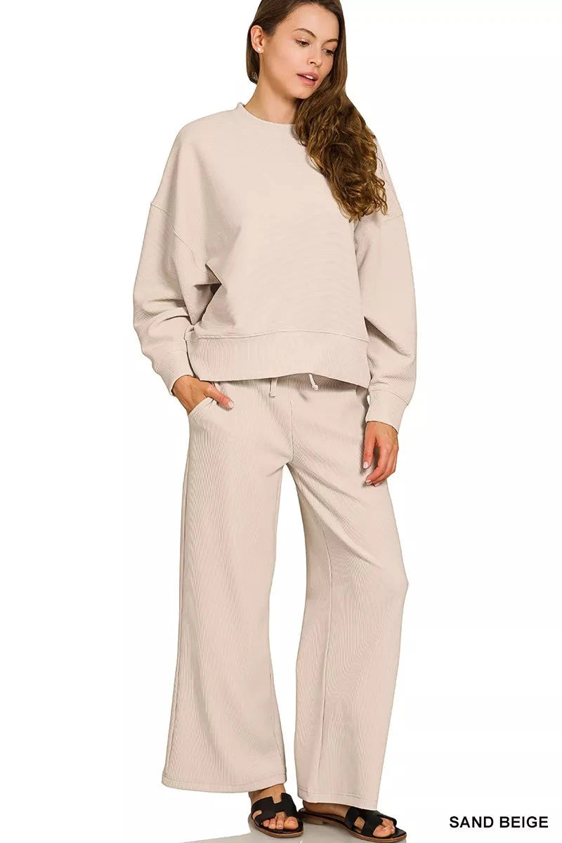 Zenana Ribbed Round Neck Pullover and Drawstring Pants Set