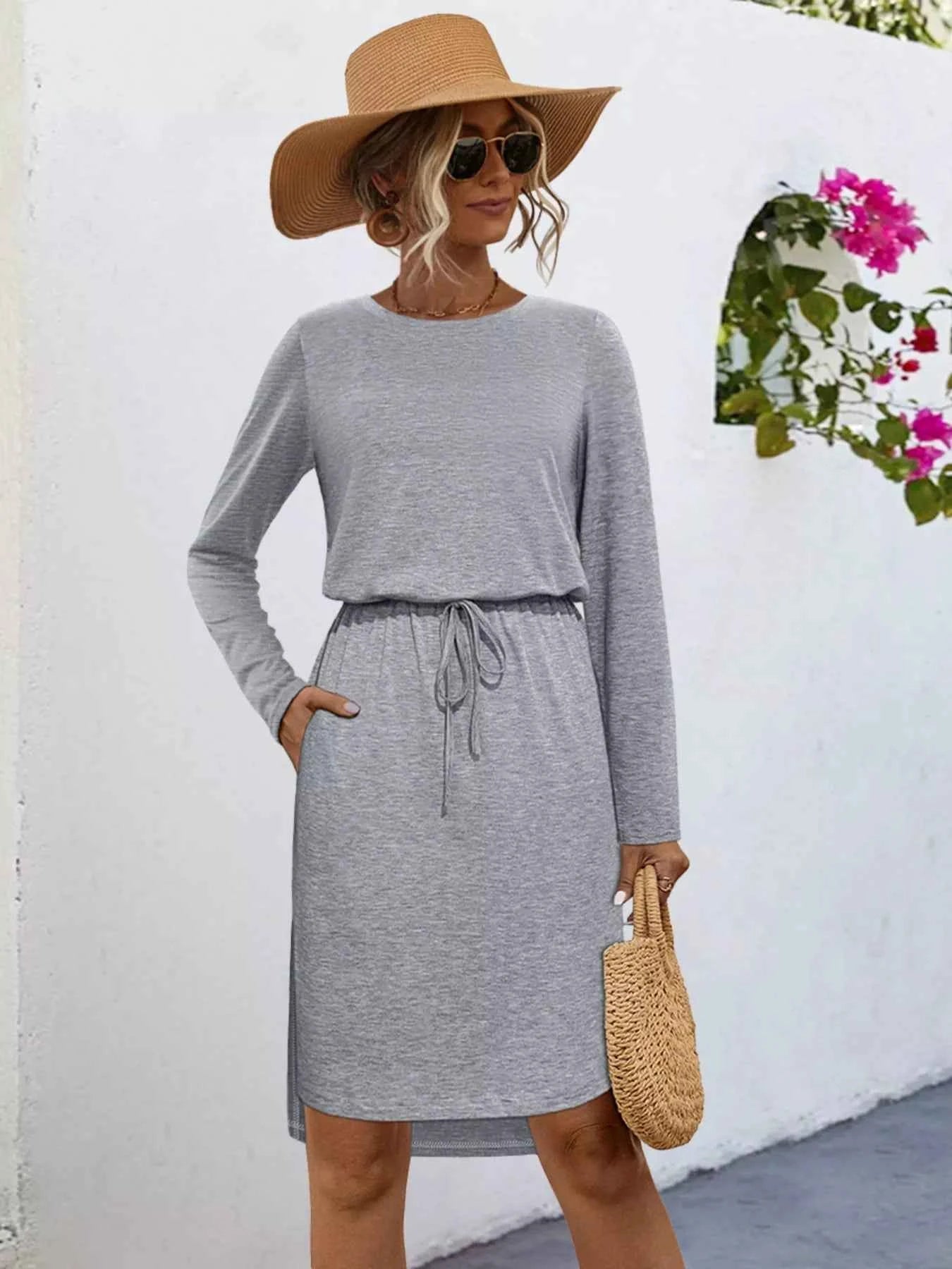 Long Sleeve Drawstring Midi Dress