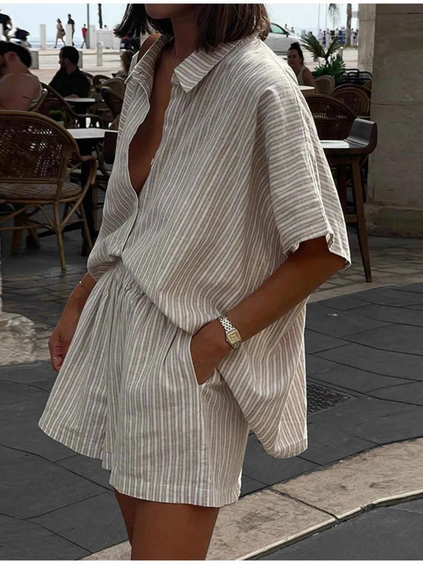 Casual Striped Short Sleeve Top and Shorts Two-Piece Set