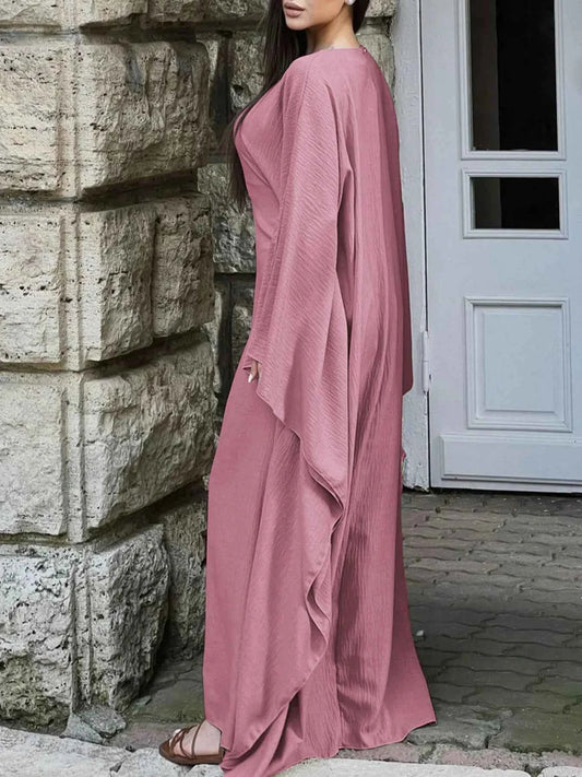 Round Neck Maxi Dress with Flowing Cape Sleeves