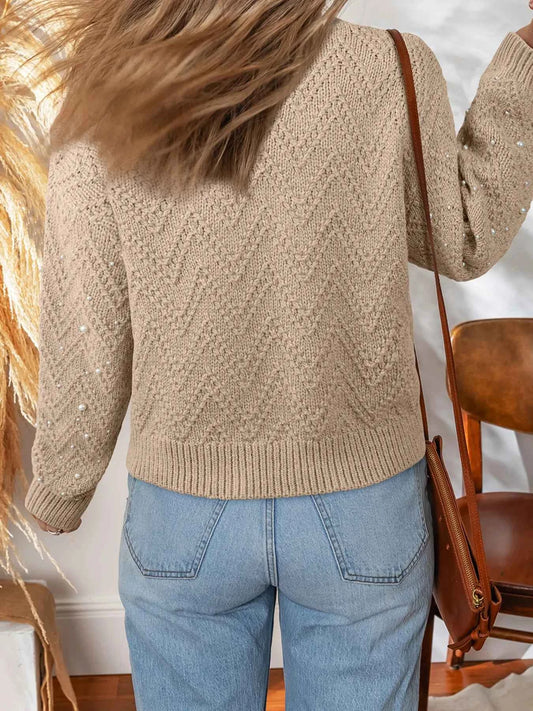 Pearl Embellished Button Front V Neck Sweater Cardigan