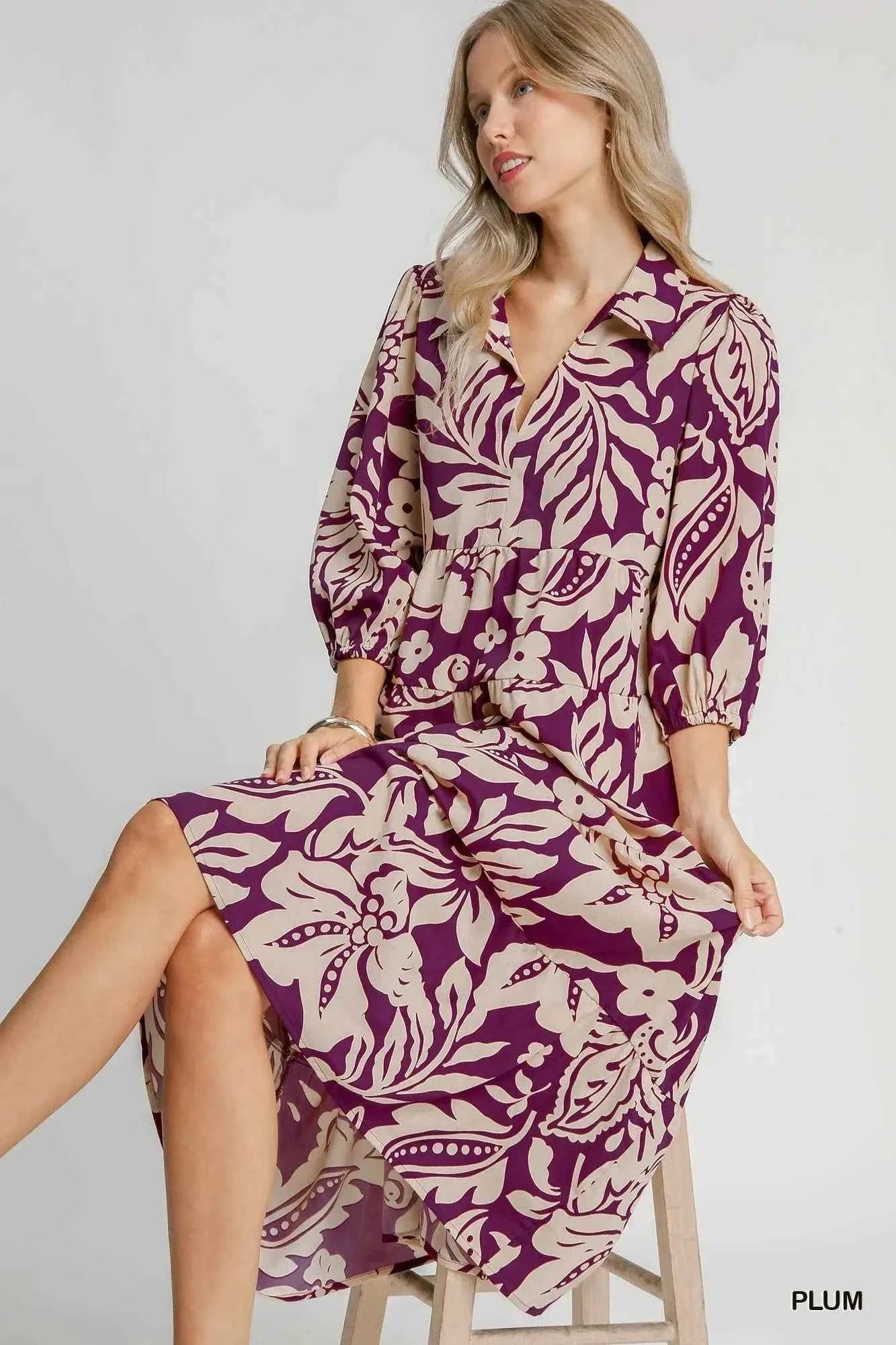 Umgee Floral Print Tiered Midi Dress