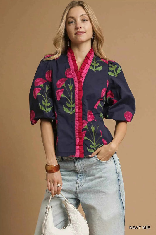 Umgee Floral Print Ruffle Trim Puff Sleeve Blouse