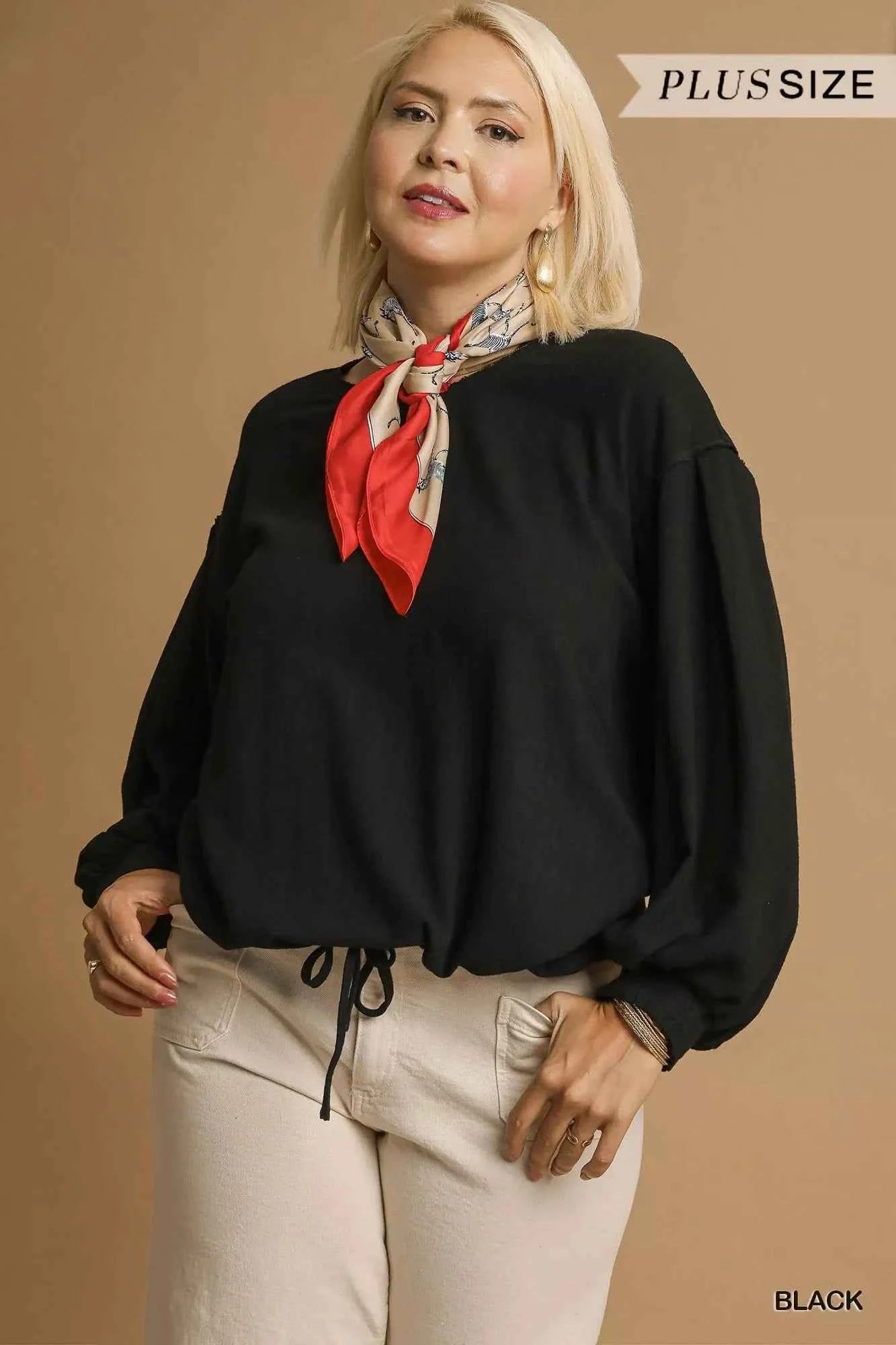 Umgee Full Size Linen Long Sleeve Top with Drawstring Plus Size