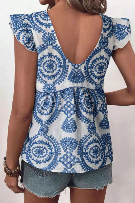 Boho Print Ruffled Cap Sleeve Crew Neck Blouse
