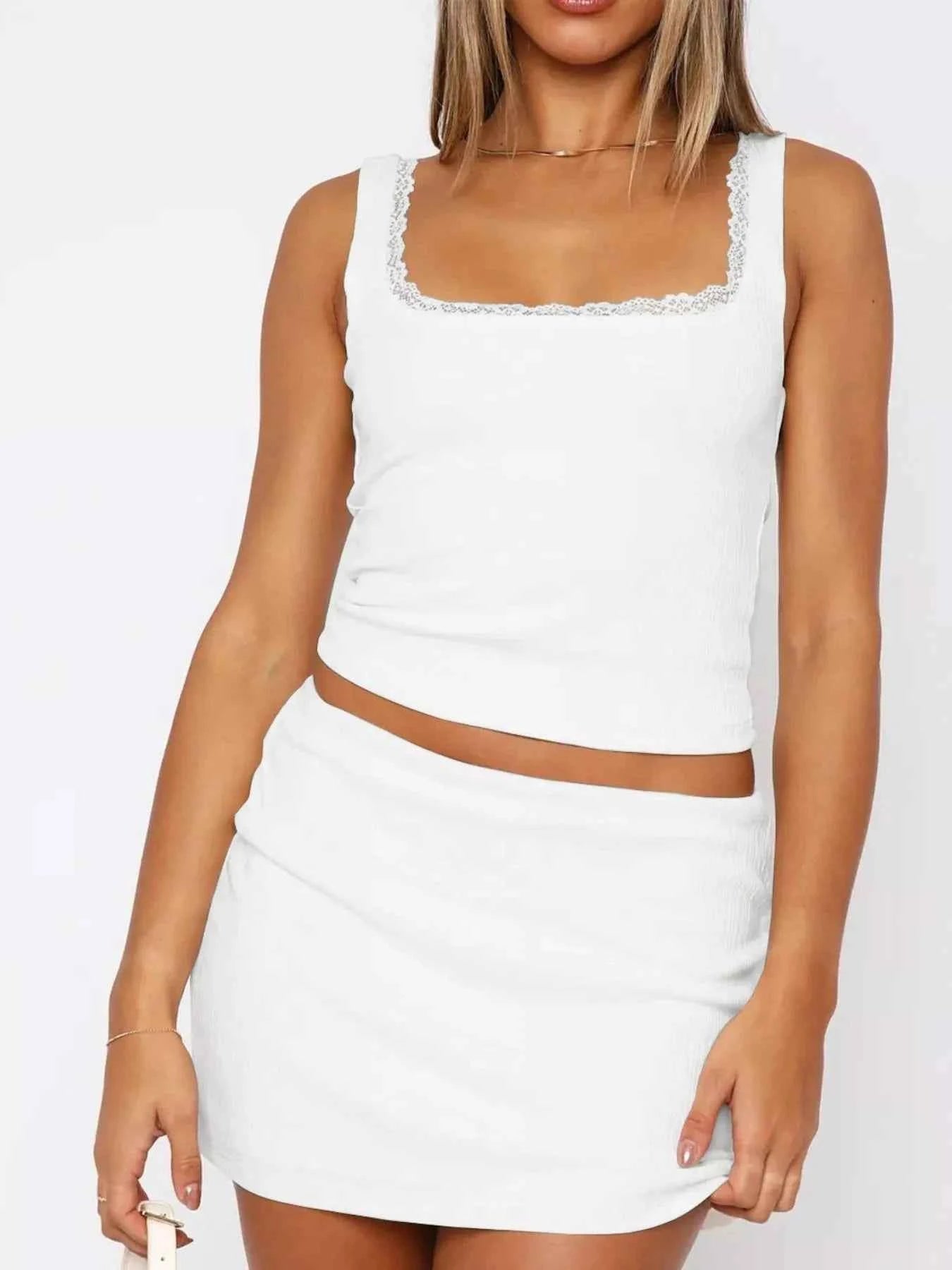Lace Detail Square Neck Tank and Skirt Set