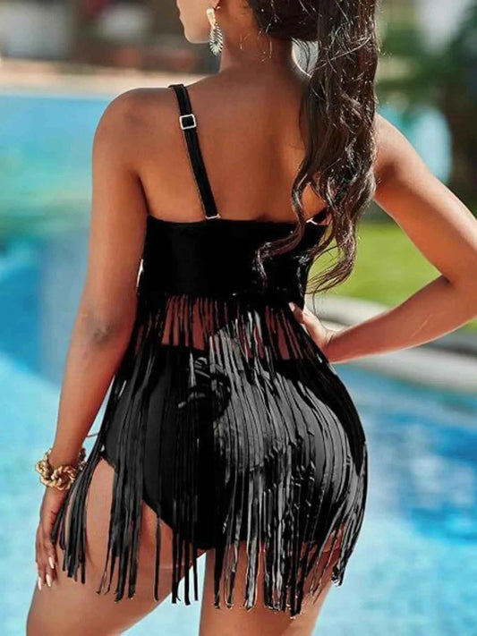 Plus Size Fringe V-Neck Tankini Swim Set