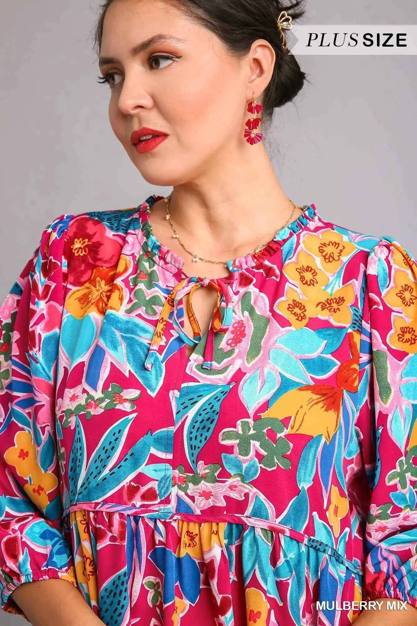 Umgee Full Size Floral Print Tie Neck Midi Dress with Pockets Plus Size