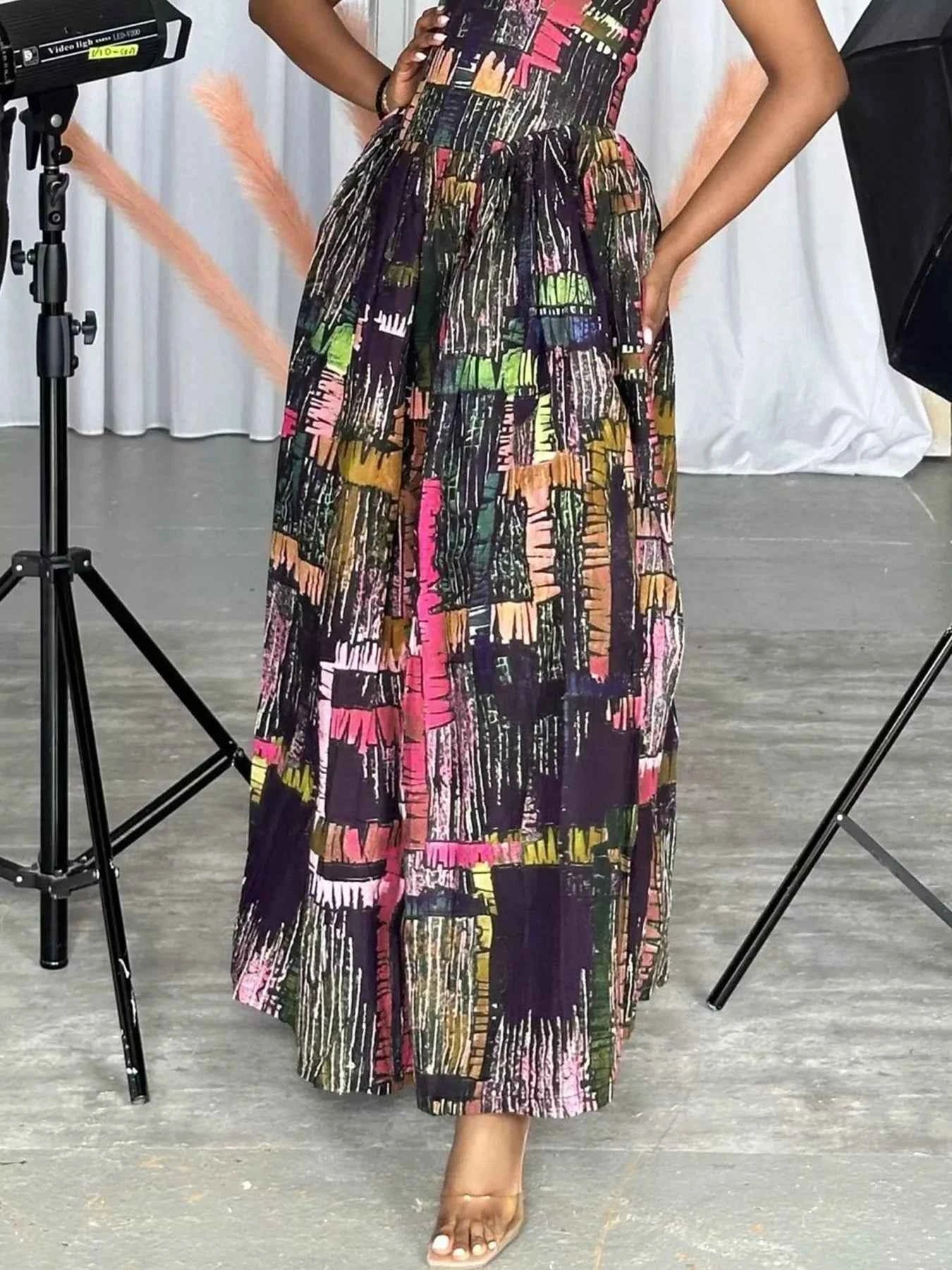 Full Size Abstract Print Halter Neck Maxi Dress Plus Size