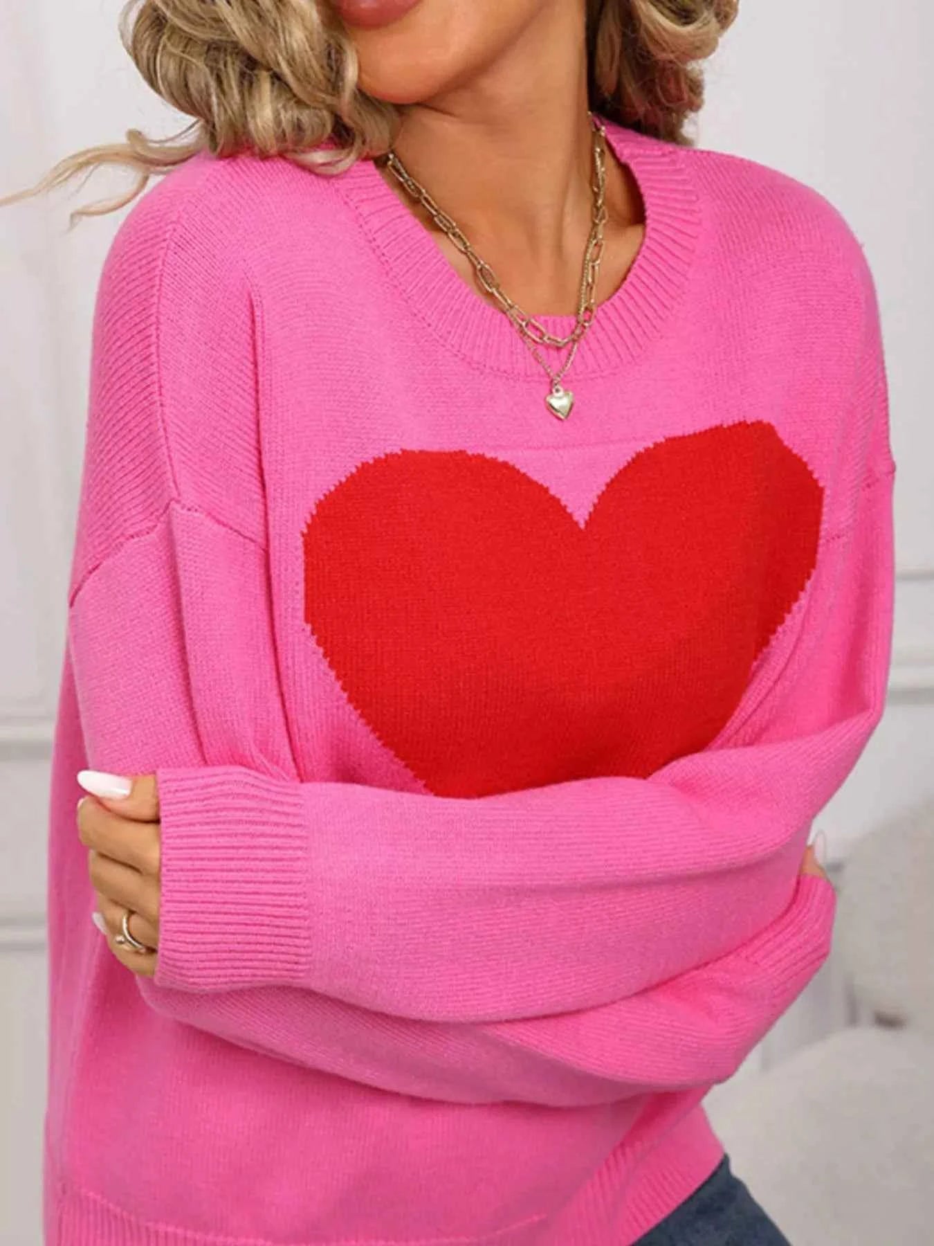 Valentine's Day Heart Round Neck Dropped Shoulder Sweater
