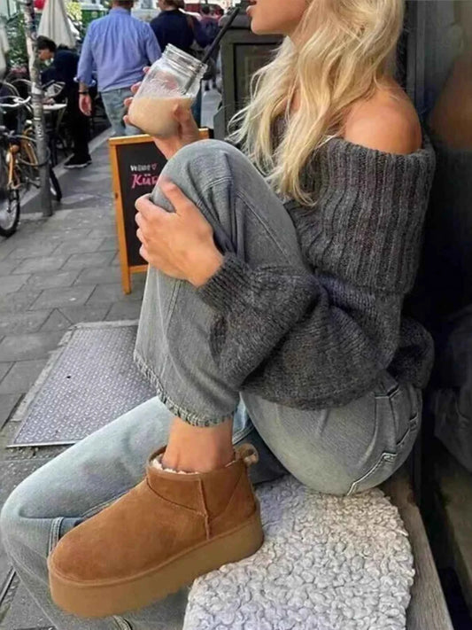 Off-Shoulder Ribbed Long Sleeve Sweater
