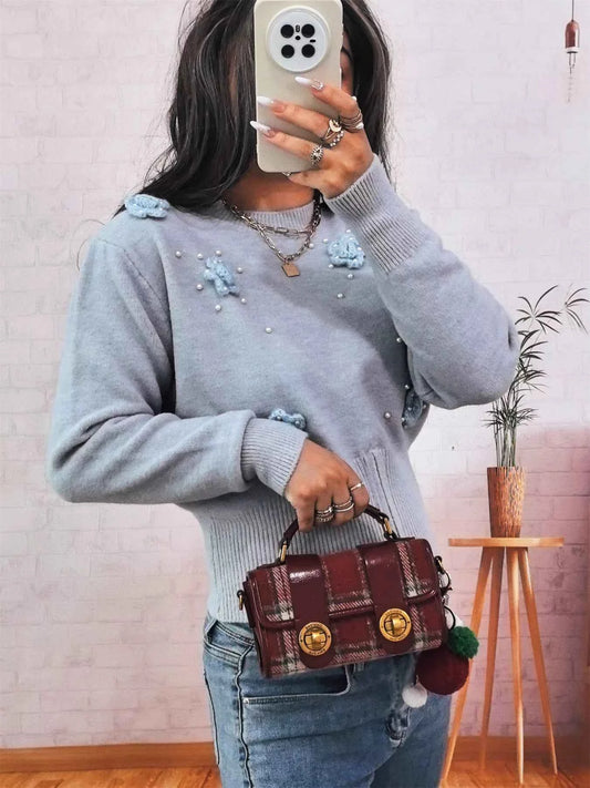 Flower Pearl Detail Ribbed Hem Sweater