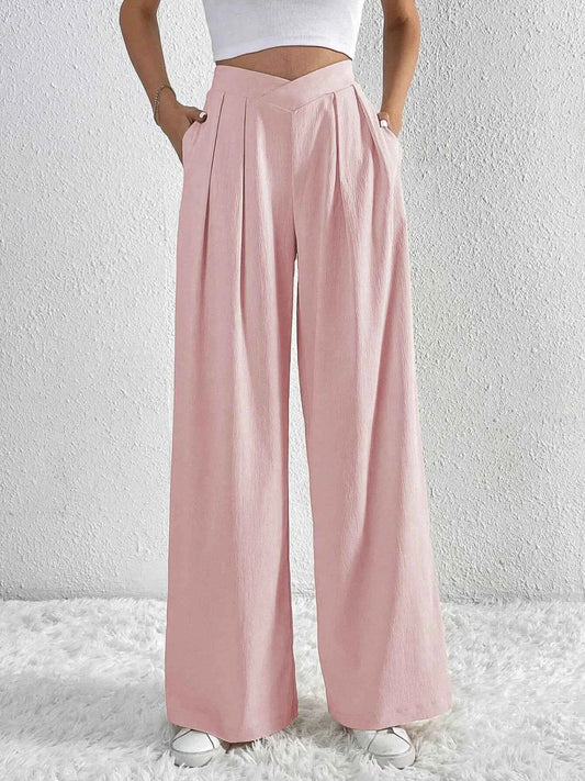 V-Waisted Ruched Front Wide Leg Pants