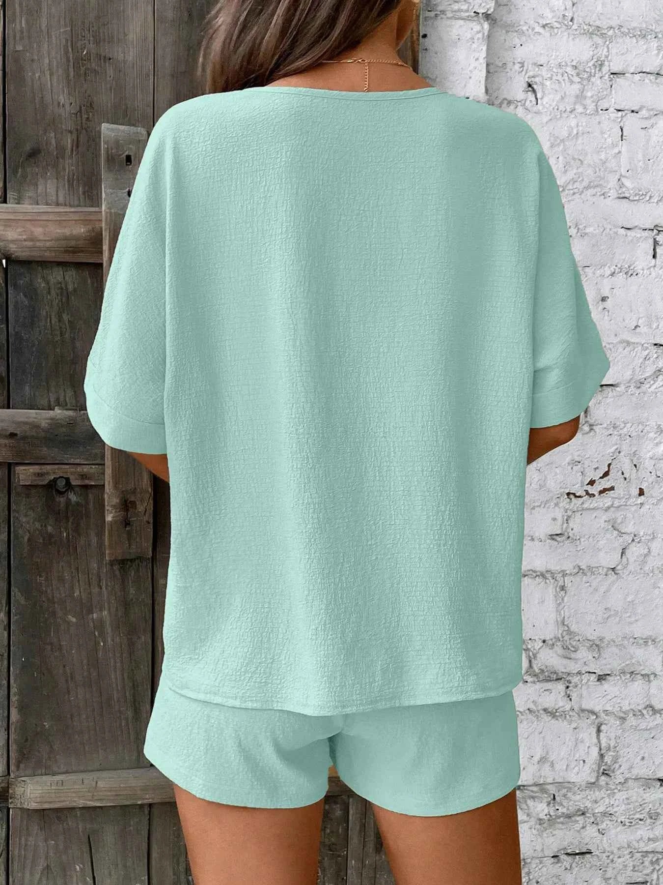Relaxed Fit V-Neck Top and Shorts Two-Piece Set