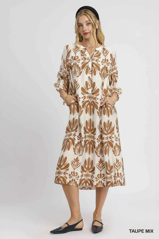 Umgee Mix Abstract Floral Print Midi Dress