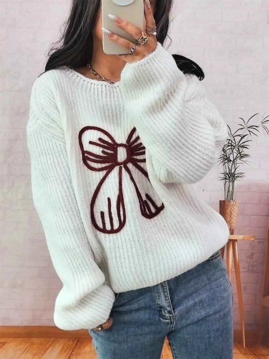 Bow Round Neck Long Sleeve Sweater