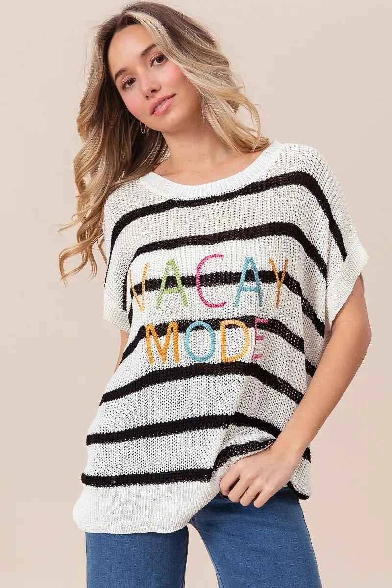 BiBi Vacay Mode Lettering Drop Shoulder Striped Sweater