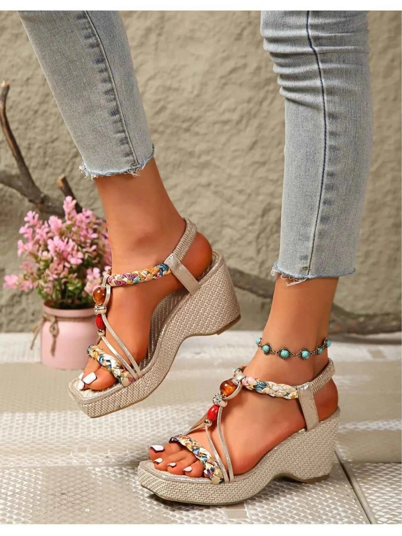 Bohemian Floral Beaded Wedge Sandals