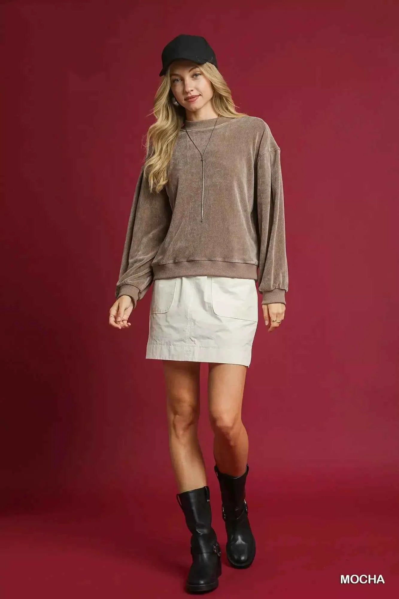Umgee Velour Crewneck Balloon Sleeve Sweatshirt