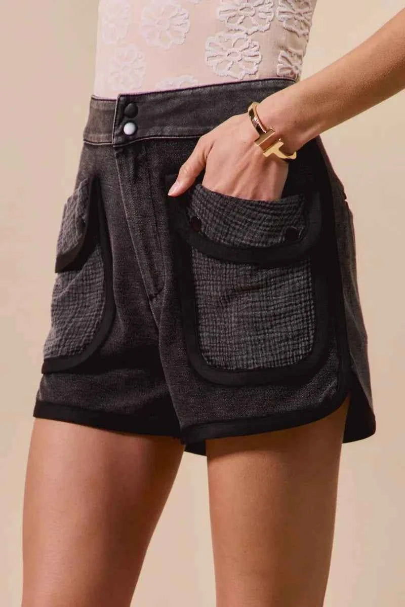 SO ME Mineral Washed Terry High Rise Cargo Shorts