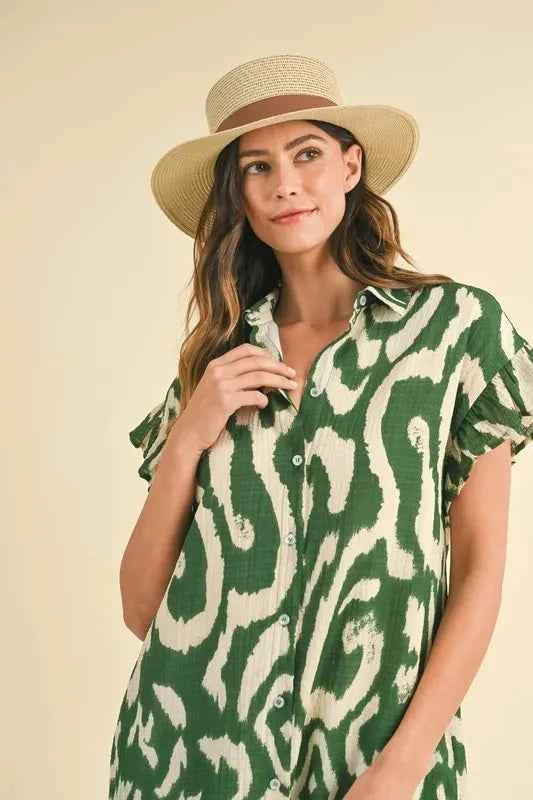 Annie Wear Abstract Printed Frill Sleeve Shirt Mini Dress