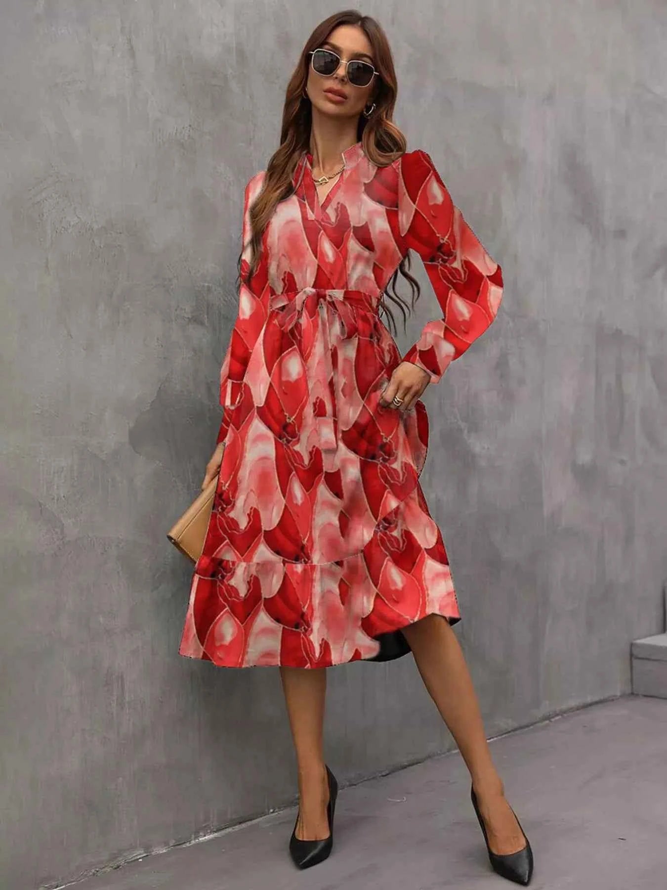 Notched Tie Waist Long Sleeve Dress