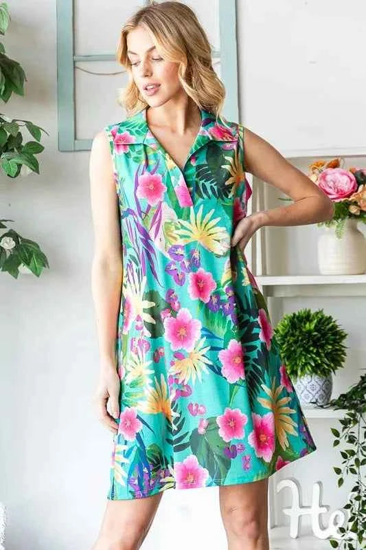Heimish Full Size Floral Johnny Collar Sleeveless Dress Plus Size